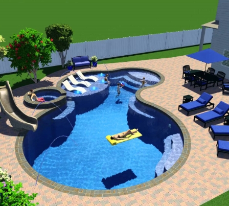 large freeform blue swimming pool design with pavers around pool and green grass