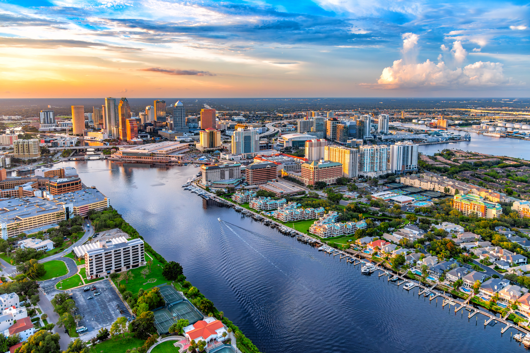 Aerial view of downtown Tampa, Florida skyline and waterfront neighborhoods.